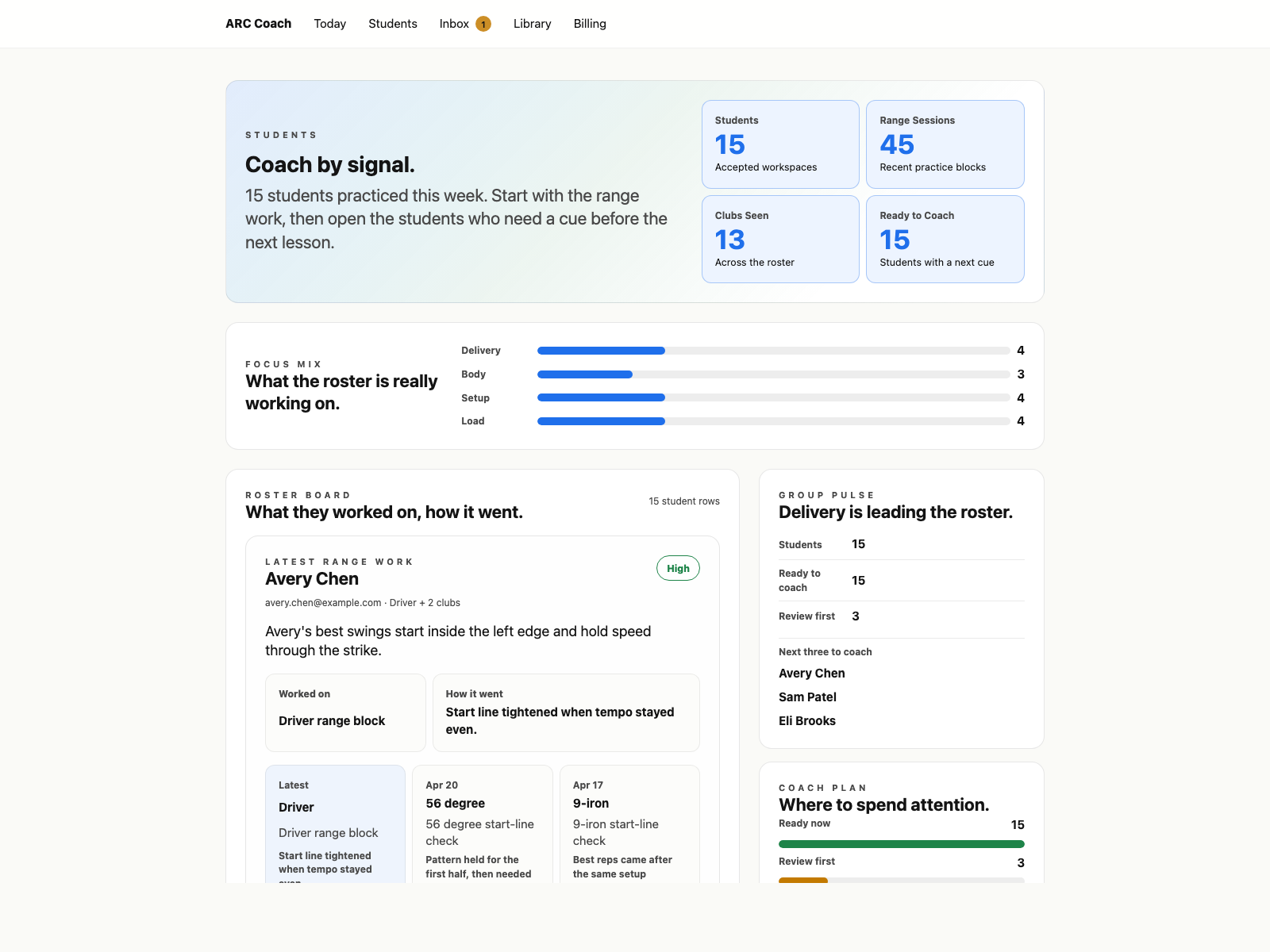 ARC Coach roster board with fifteen students, recent range work, group pulse, coach plan, and priority reads