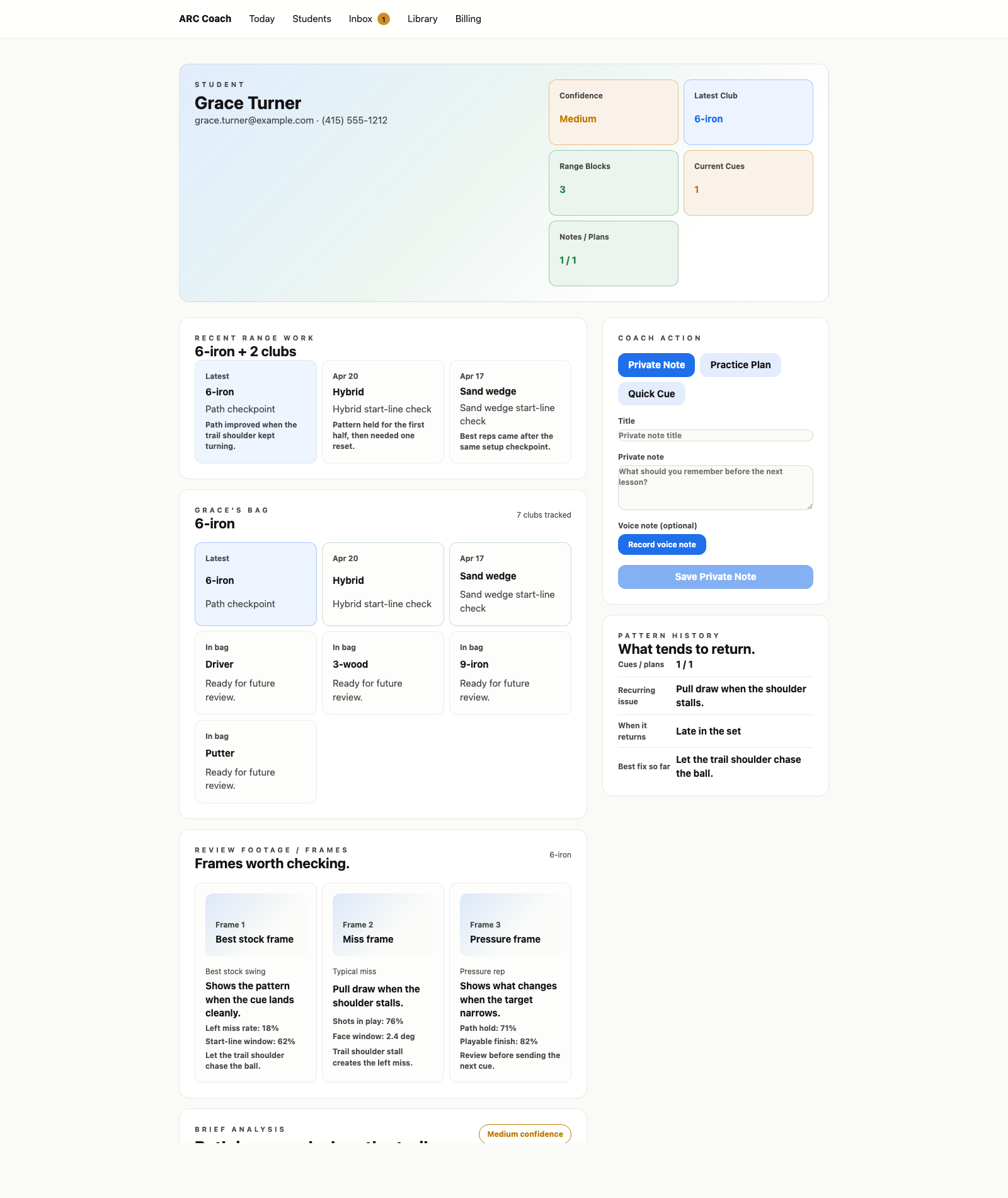ARC Coach student workbench with recent range work, a student bag, footage frames, brief analysis, pattern history, and cue controls